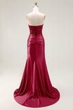 Sweetheart Mermaid Red Beaded Sequins Pleated Satin Long Prom Dress with Slit