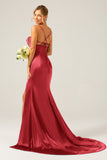 Dark Green Sheath Spaghetti Straps Pleated Long Bridesmaid Dress With Slit