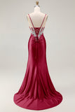 Sparkly Blush Spaghetti Straps Mermaid Sequins Corset Prom Dress with Slit