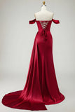 Royal Blue Off The Shoulder Mermaid Beaded Streamer Ruched Long Prom Dress with Slit