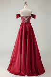 Off the Shoulder Purple A Line Beaded Corset Long Prom Dress with Slit
