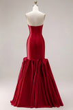 Fuchsia Strapless Mermaid Satin Long Prom Dress with 3D Flowers