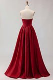 Golden A Line Beaded Strapless Corset Satin Long Prom Dress