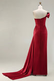 One Shoulder Green Sheath Ruched Long Prom Dress with Slit