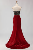 Black Green Strapless Mermaid Lace Appliqued Ruched Long Prom Dress with Slit