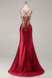 Black Mermaid Embroidered Beaded Lace Up Back Long Prom Dress with Slit
