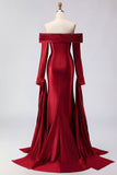 Off the Shoulder Dark Green Mermaid Ruched Prom Dress with Long Sleeves