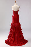 Red Mermaid Sweetheart Beaded Corset Tiered Ruffle Long Prom Dress with Slit