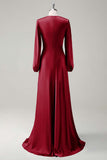 Agave A-Line Round Neck Satin Long Bridesmaid Dress with Long Sleeves