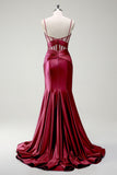 Dark Green Mermaid Spaghetti Straps Satin Prom Dress with Sheer Corset Bodice