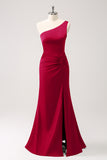 Elegant Mermaid One Shoulder Pleated Backless Bridesmaid Dress with Slit