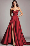 Strapless Satin A Line Long Formal Dress With Slit