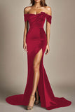 Mermaid Black Off the Shoulder Satin Evening Dress with Slit