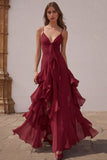 Dusty Blue Spaghetti Straps Chiffon A-Line Ruffled Bridesmaid Dress