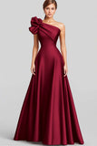 Navy A Line Ruffled One Shoulder Satin Long Formal Dress
