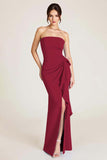 Dusty Sage Strapless Mermaid Ruched Wedding Guest Dress with Slit