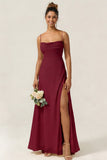 Green Flower A Line Spaghetti Straps Chiffon Long Bridesmaid Dress with Slit