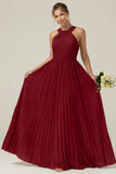 Dusty Sage A Line Halter Pleated Long Bridesmaid Dress