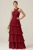Lilac Halter Keyhole A Line Tiered Ruffle Pleated Bridesmaid Dress
