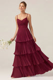 Dark Green A Line Ruched Pleated Spaghetti Straps Tiered Bridesmaid Dress