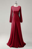 Agave A-Line Round Neck Satin Long Bridesmaid Dress with Long Sleeves