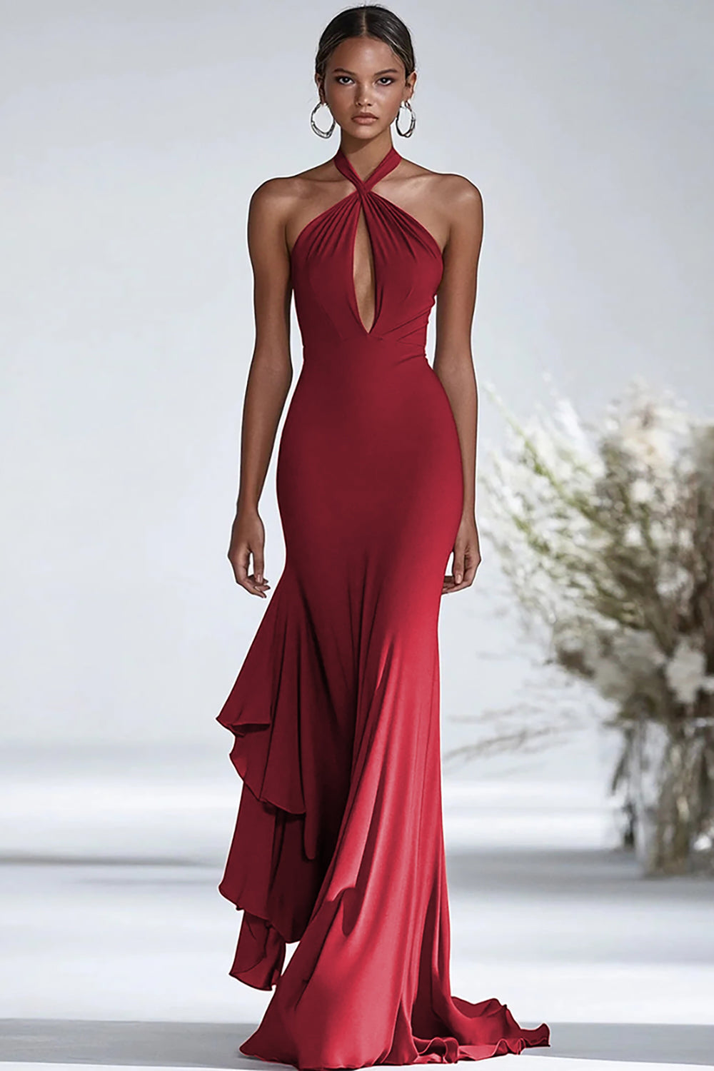 WEDTREND Women Halter Terracotta Gala Dress Terracotta Sleeveless Chiffon Ruffled Sheath Military Ball Dress, Burgundy / US16W