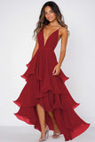 Red A Line Spaghetti Straps Tiered High Low Formal Dress