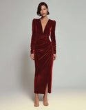 Olive Sheath Long Sleeves Velvet Ruched Formal Dress with Slit