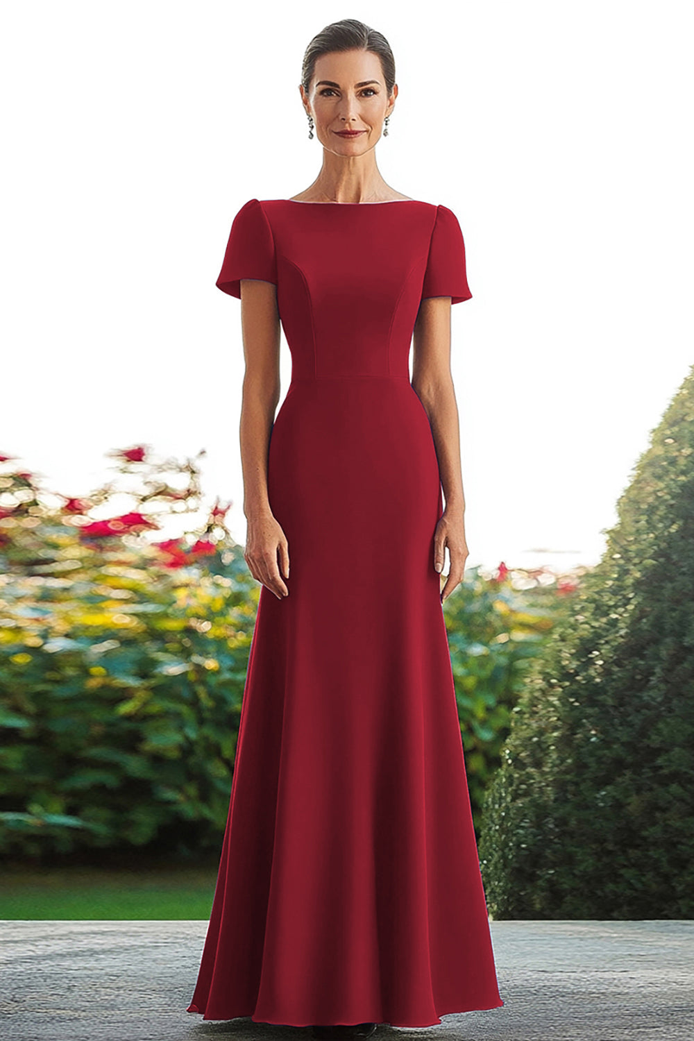 WEDTREND Women Black Mother Of The Bride Dress Bateau Neck Short Sleeve A Line Long Formal Dress, Burgundy / US18W