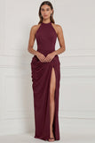 Halter Navy Ruched Sheath Lace-up Back Bridesmaid Dress with Slit