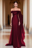 Cabernet Off the Shoulder Mermaid Tulle Long Formal Dress with Cape