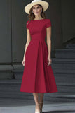 A Line Daffodil Bateau Neck Midi Work Dress with Short Sleeves