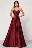 Black Strapless Satin Ruched A Line Long Formal Dress