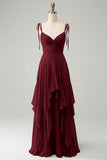 A Line Spaghetti Straps Chiffon Long Bridesmaid Dress with Ruffles