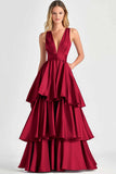A-Line V Neck Tiered Long Prom Dress with Ruffles