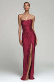 Sparkly Silver Strapless Sheath Sequins Holiday Party Dress with Slit