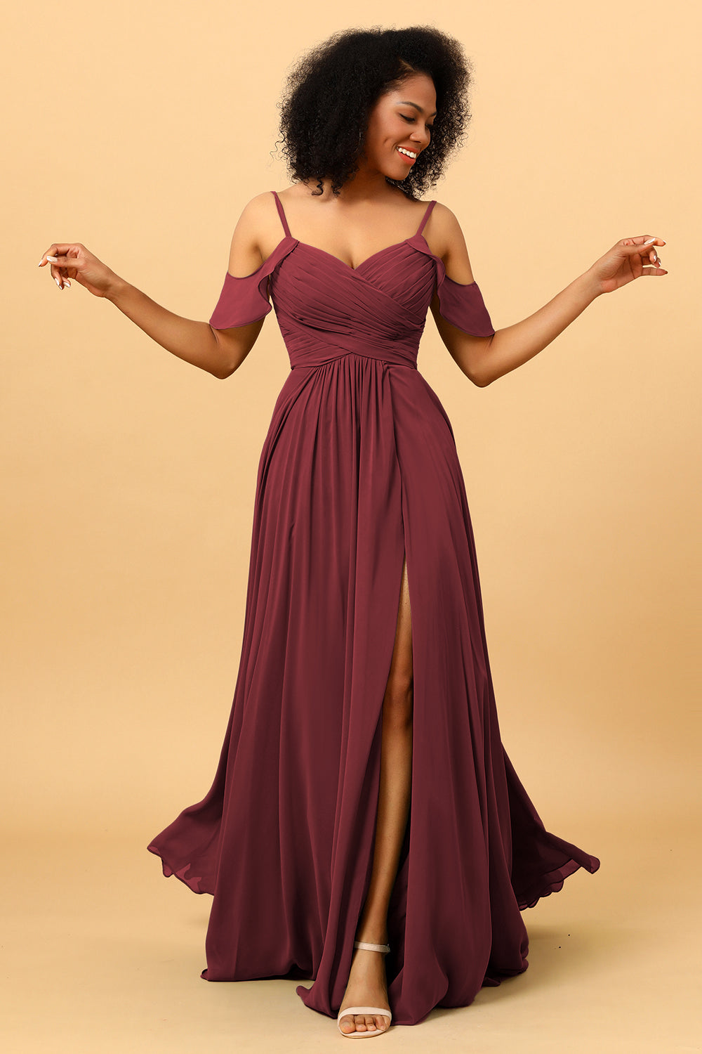 red long chiffon bridesmaid dresses Red Keyhole Neck Chiffon Cutout Back Slit A-line Bridesmaid Dress