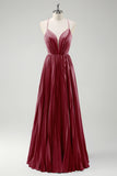 Grey Green A-Line Spaghetti Straps Pleated Long Bridesmaid Dress With Lace Up Back