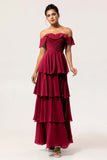 Eucalyptus A-Line Off The Shoulder Tiered Ruched Chiffon Long Bridesmaid Dress
