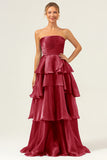 Blue A-Line Strapless Tiered Pleated Ruffled Floor Length Dress
