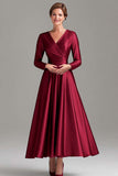 A Line Grey Blue V-Neck Mother Of the Bride Dress with Long Sleeves