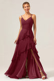 Dark Green A Line V Neck Ruffled Chiffon Tiered Long Bridesmaid Dress with Slit