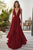 Dusty Sage V Neck A Line Long Formal Dress With Ruffles