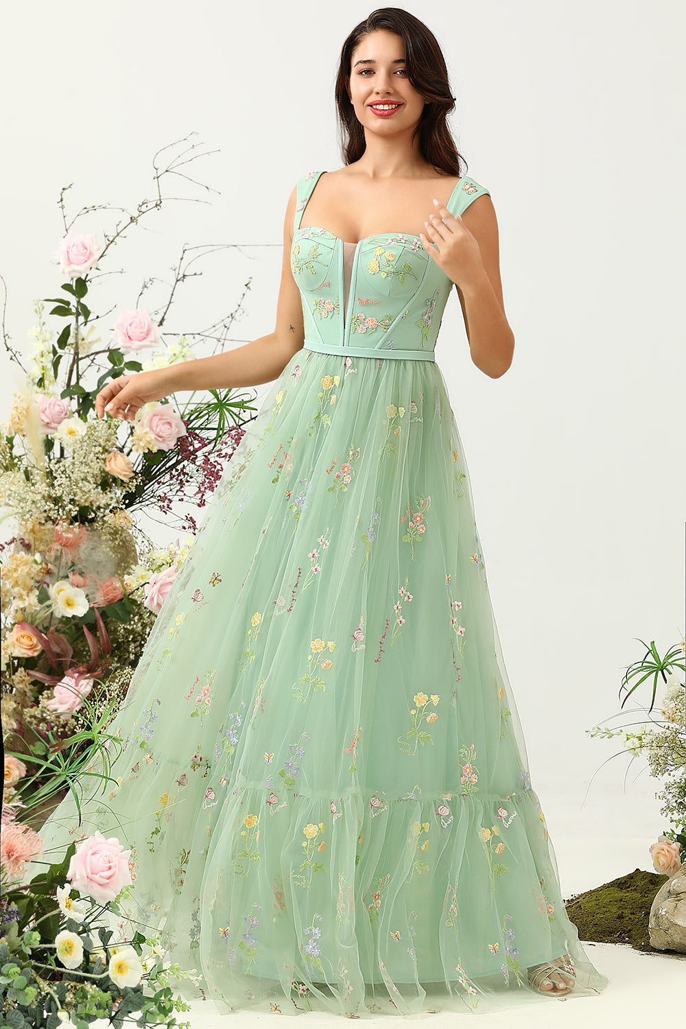 Wedtrend Women Wedding Guest Dress Green A-Line Square Neck Long Prom Dress with Embroidery WEDTREND Wedtrend Women Wedding Guest Dress Green A-Line Square Neck Long Prom Dress with Embroidery WEDTREND