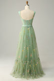 Green A-Line Square Neck Formal Party Dress with Embroidery
