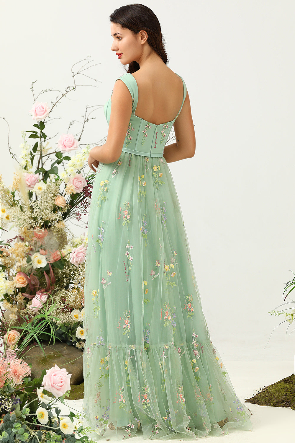 Green A-Line Square Neck Long Formal Party Dress with Embroidery