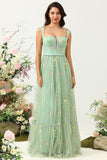 Green A-Line Square Neck Long Party Dress with Embroidery