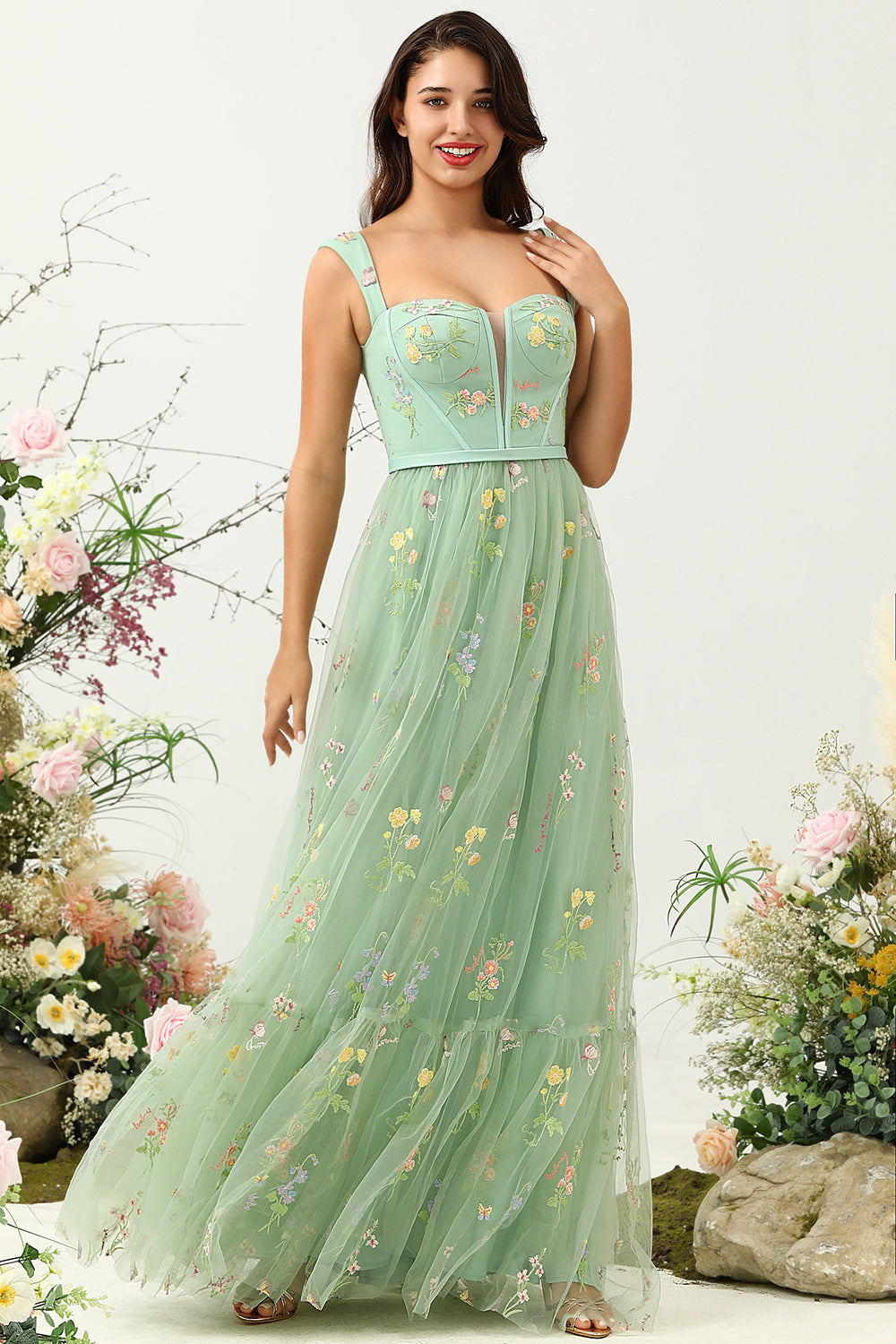 Wedtrend Women Wedding Guest Dress Green A-Line Square Neck Long Prom Dress with Embroidery WEDTREND Wedtrend Women Wedding Guest Dress Green A-Line Square Neck Long Prom Dress with Embroidery WEDTREND