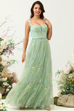 Green A-Line Square Neck Long Party Dress with Embroidery