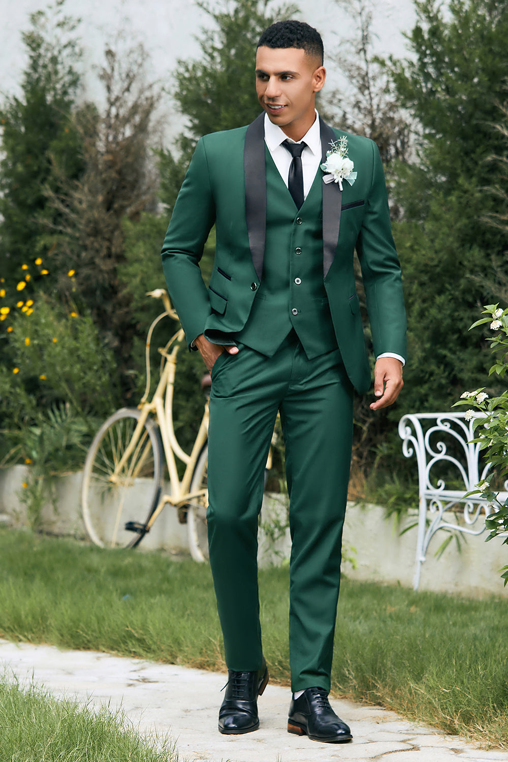 Wedtrend Men's Wedding Suits Black Shawl Lapel Single Breasted 3 Piece Prom Suits, Dark Green / L